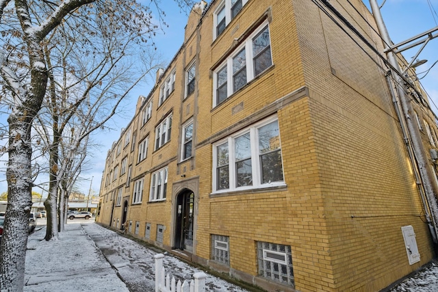 view of snow covered building