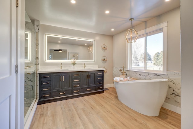 bathroom with wood-type flooring, vanity, and plus walk in shower