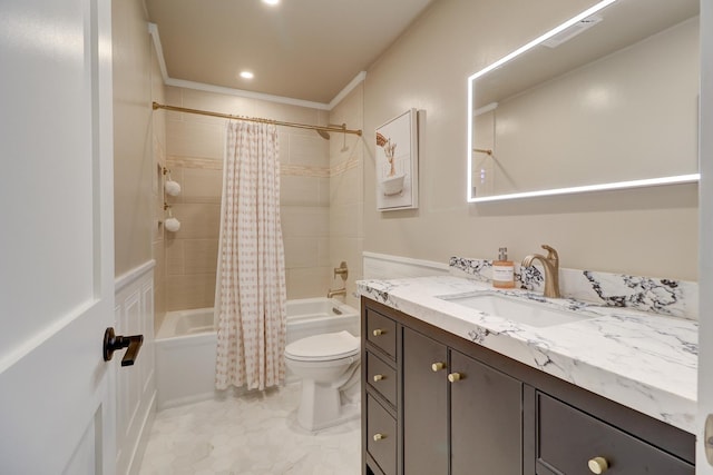 full bathroom featuring vanity, toilet, crown molding, and shower / bath combo with shower curtain