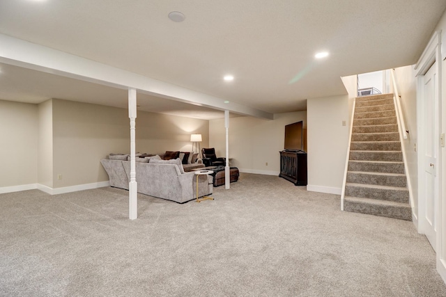 living room with light colored carpet