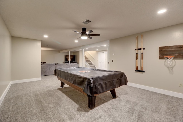 game room featuring ceiling fan, billiards, and light carpet