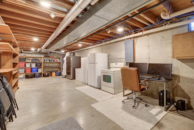 basement featuring washer / clothes dryer, white fridge, electric panel, and stainless steel refrigerator