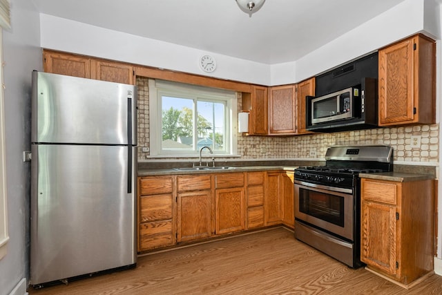 kitchen featuring backsplash, appliances with stainless steel finishes, sink, and light wood-type flooring