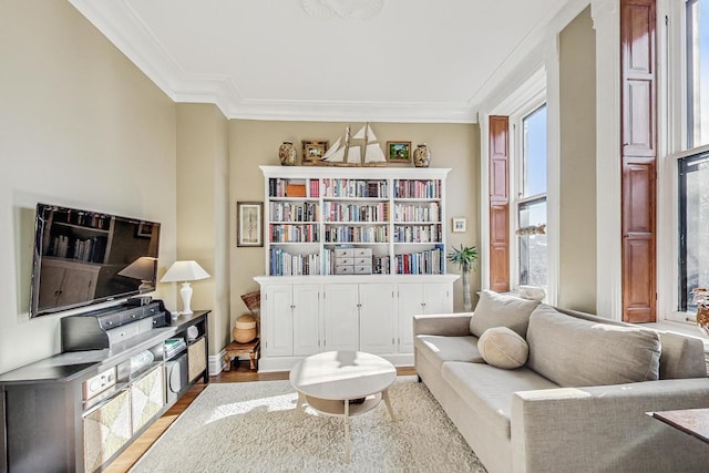 sitting room featuring crown molding and light hardwood / wood-style floors