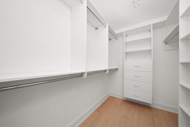 walk in closet with light hardwood / wood-style flooring