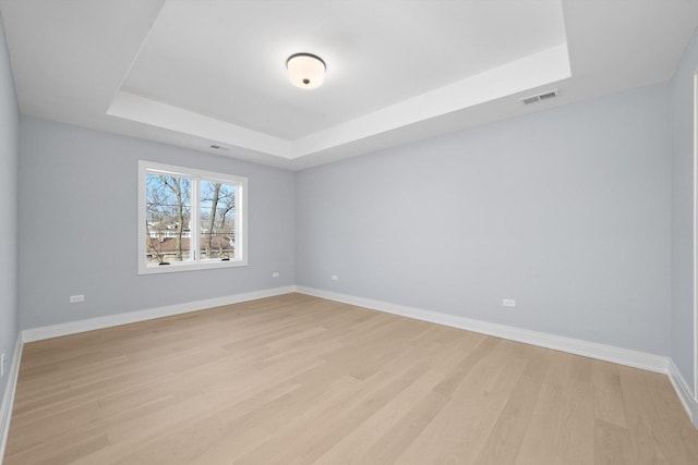 spare room with a raised ceiling and light wood-type flooring