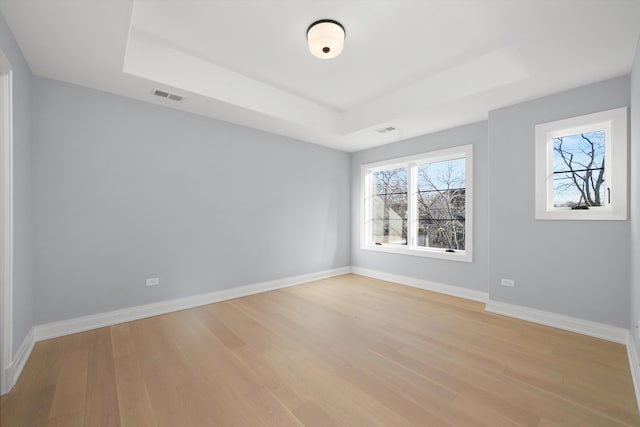 unfurnished room with a raised ceiling and light wood-type flooring