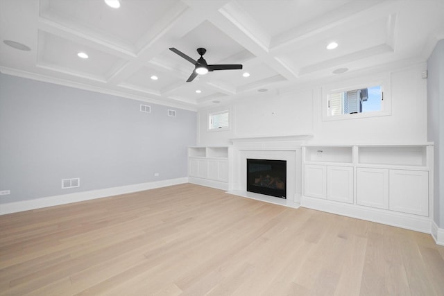 unfurnished living room featuring ceiling fan, coffered ceiling, beam ceiling, and light hardwood / wood-style flooring