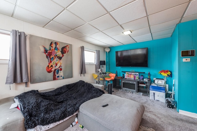 carpeted living room featuring a paneled ceiling