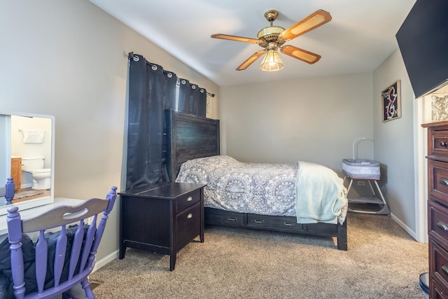 bedroom with ceiling fan and light colored carpet