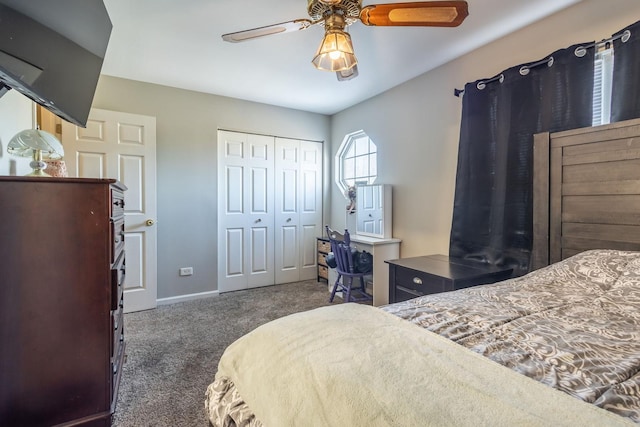 carpeted bedroom with ceiling fan and a closet