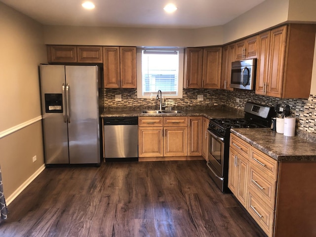 kitchen featuring dark wood-type flooring, sink, tasteful backsplash, dark stone countertops, and stainless steel appliances