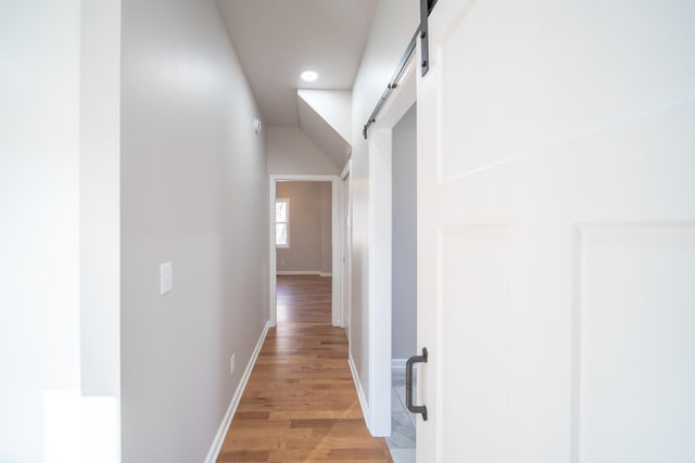 hallway featuring a barn door and light hardwood / wood-style floors