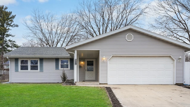 single story home featuring a garage and a front lawn