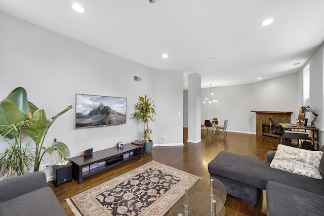 living room with dark hardwood / wood-style floors