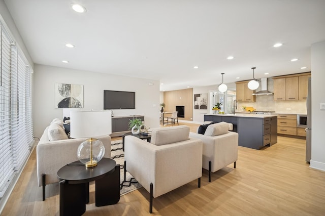 living room featuring sink and light hardwood / wood-style floors