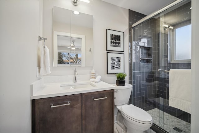 bathroom featuring a healthy amount of sunlight, toilet, a shower with shower door, and vanity