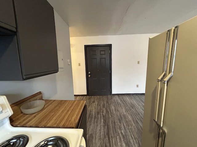 kitchen featuring dark hardwood / wood-style floors and white appliances