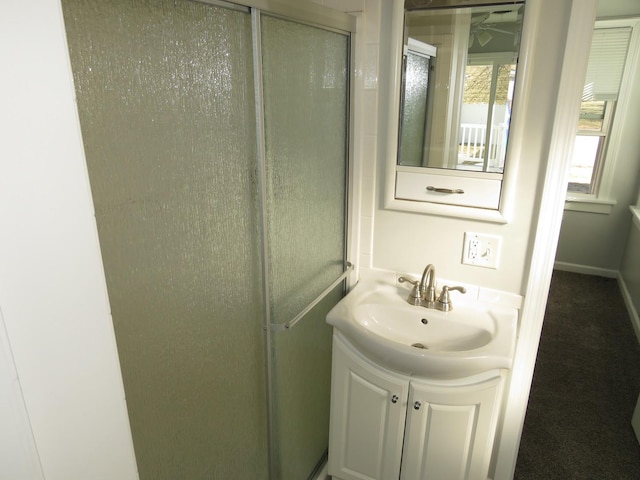 bathroom with vanity and a shower with shower door