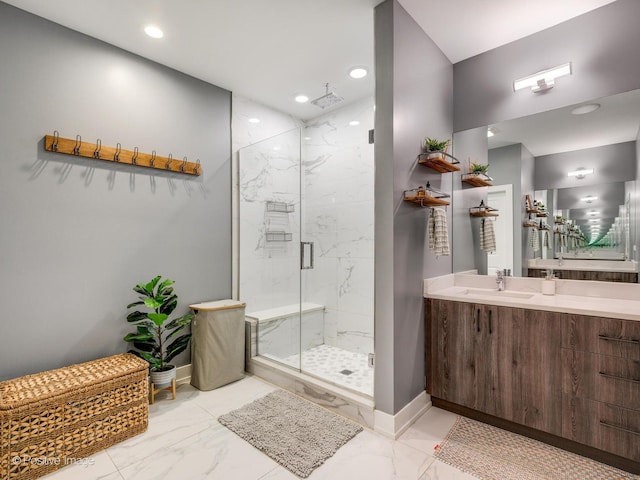 bathroom featuring vanity and walk in shower