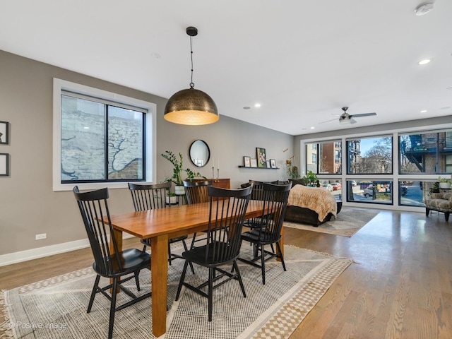 dining space with wood-type flooring