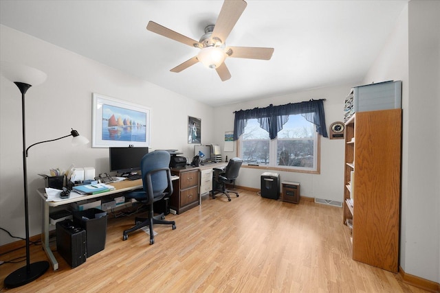 office featuring ceiling fan and light wood-type flooring