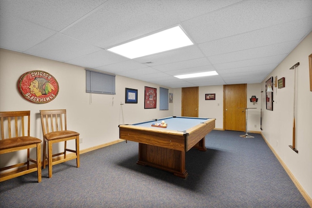 recreation room featuring dark carpet, a paneled ceiling, and billiards