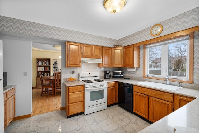 kitchen with dishwasher, white range with gas cooktop, and sink