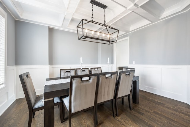 dining area with an inviting chandelier, coffered ceiling, dark hardwood / wood-style floors, and beamed ceiling