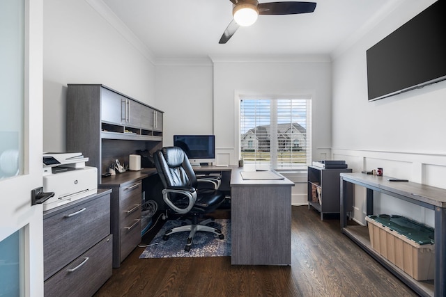 office featuring dark wood-type flooring, ornamental molding, and ceiling fan