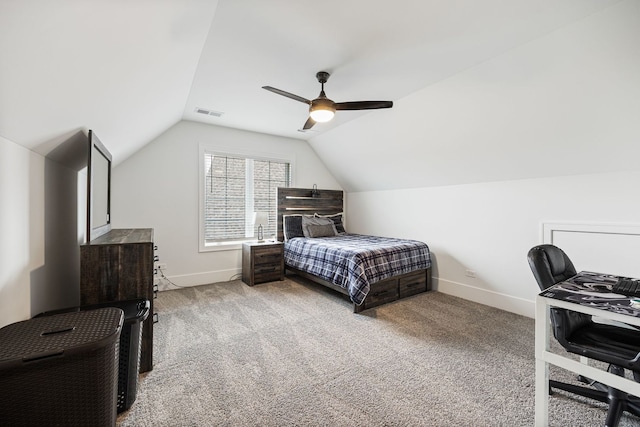 bedroom featuring lofted ceiling, light carpet, and ceiling fan