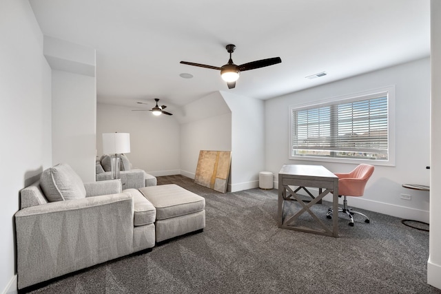 living room featuring dark carpet