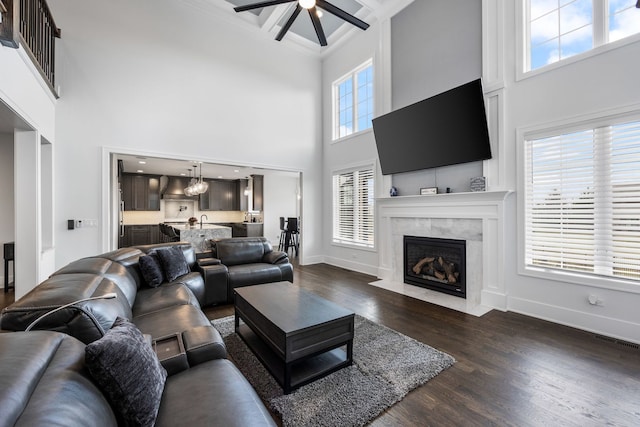 living room featuring a premium fireplace, ceiling fan, dark hardwood / wood-style floors, a high ceiling, and coffered ceiling