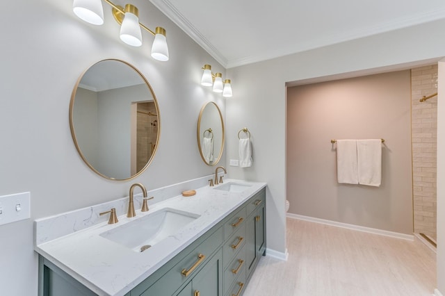 bathroom featuring ornamental molding, a shower, vanity, and toilet