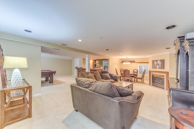 carpeted living room with pool table