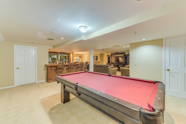 recreation room featuring indoor bar, carpet floors, and pool table