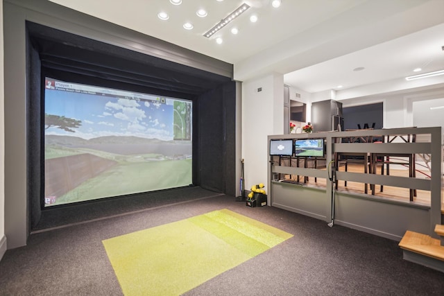 playroom featuring golf simulator, carpet flooring, and recessed lighting