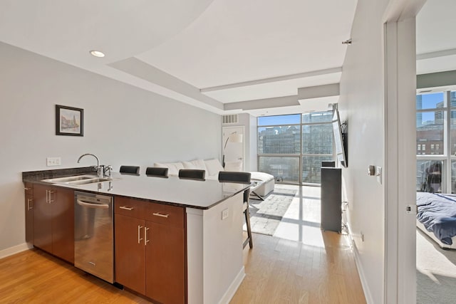 kitchen with light hardwood / wood-style floors, dishwasher, sink, and kitchen peninsula