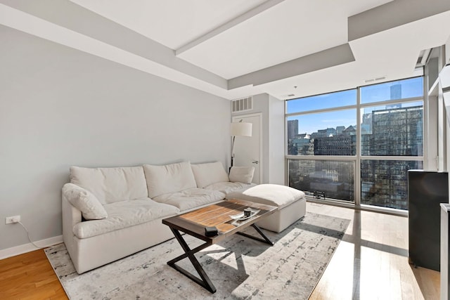 living room featuring a wall of windows and wood-type flooring