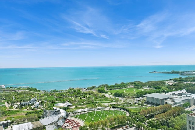 birds eye view of property featuring a water view