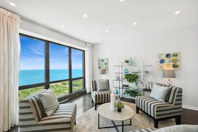 living room featuring a water view and dark hardwood / wood-style flooring