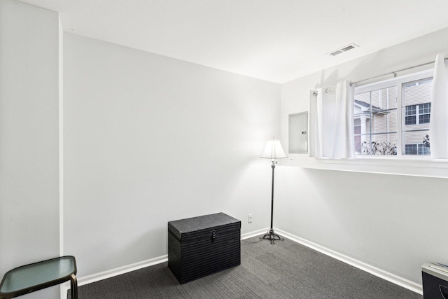 interior space featuring electric panel and carpet