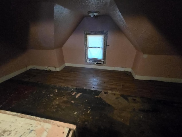 bonus room featuring vaulted ceiling, wood-type flooring, and a textured ceiling