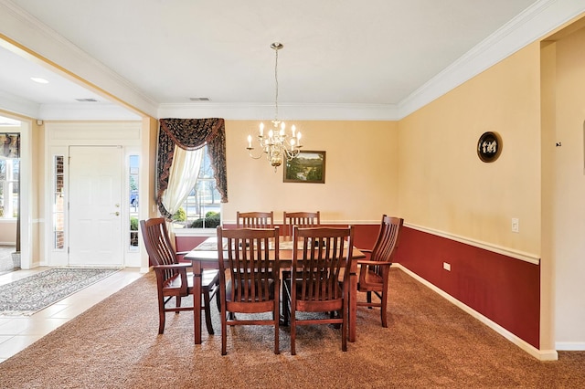 tiled dining room with crown molding and a notable chandelier