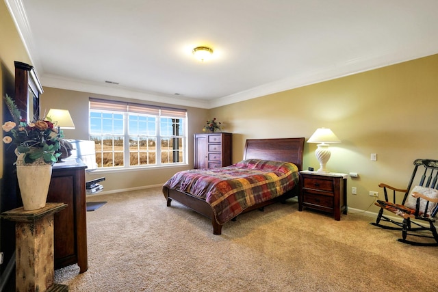 carpeted bedroom with ornamental molding