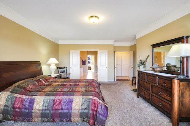 bedroom featuring crown molding and light carpet