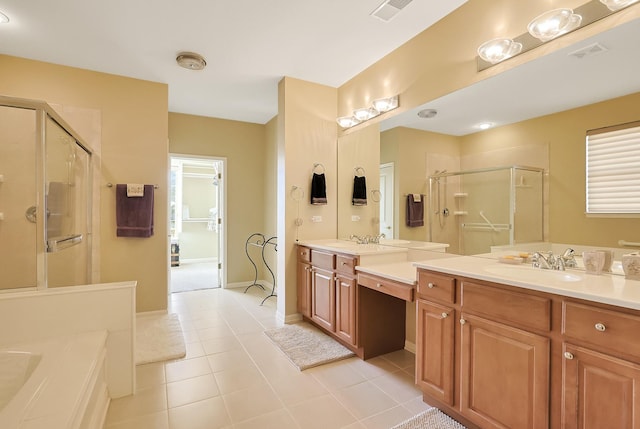 bathroom with vanity, tile patterned flooring, and separate shower and tub