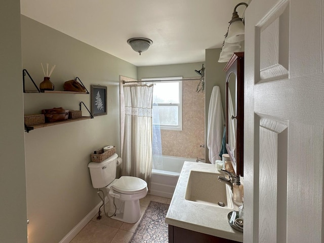 full bathroom with shower / tub combo, vanity, toilet, and tile patterned flooring