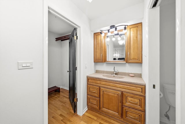 bathroom featuring vanity, toilet, and hardwood / wood-style floors