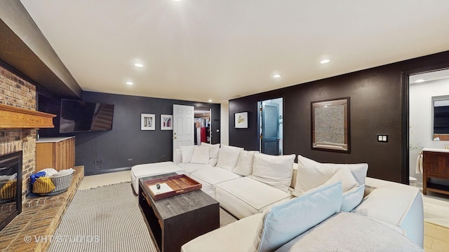 living room with a fireplace